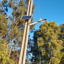 A solar-powered streetlight mounted on a concrete pole in a rural area. The streetlight features a small solar panel attached near the top of the pole, providing energy for the LED lamp fixture. The setting is surrounded by tall green trees against a clear blue sky.